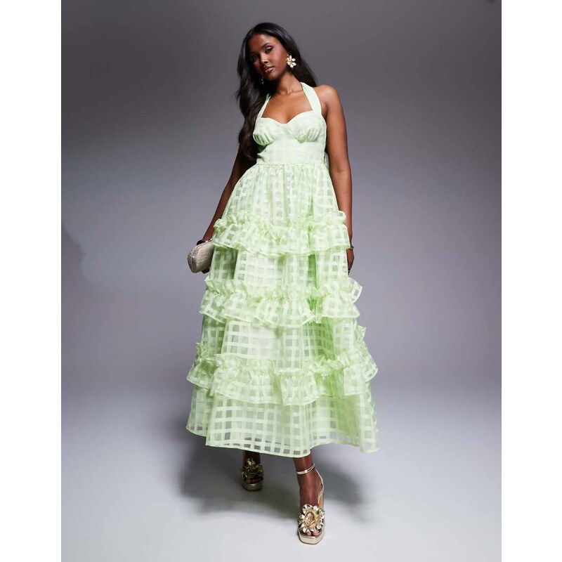 ASOS LUXE textured organza check halter maxi dress in bright green 106008377