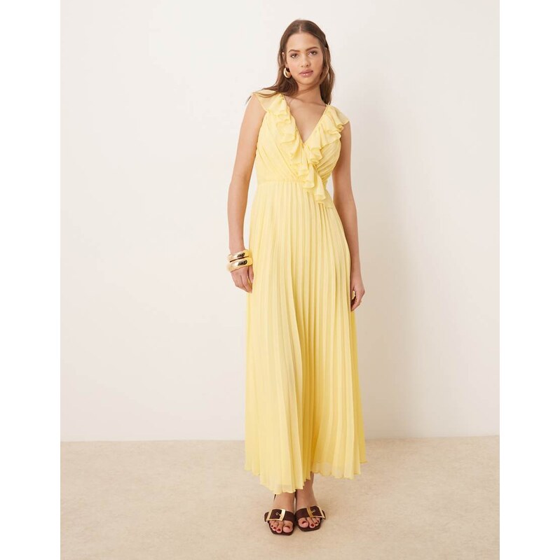 ASOS DESIGN frill wrap detail pleated midi dress in lemon yellow