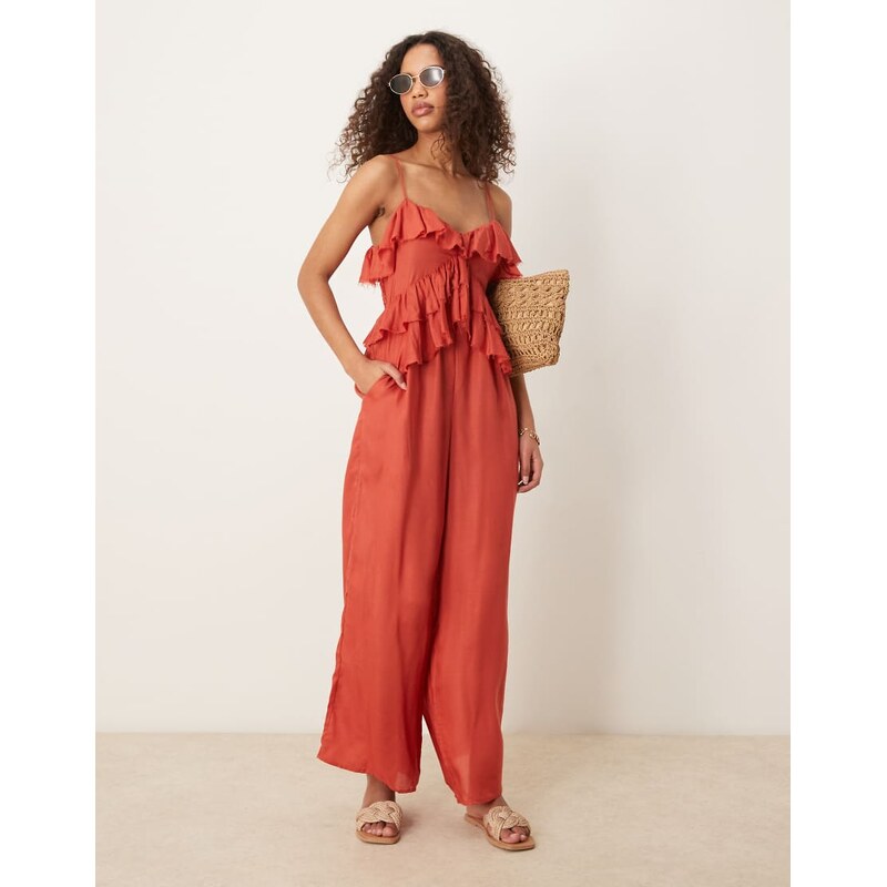 ASOS DESIGN ruffle micro bust viscose jumpsuit with shirred back in 106008428