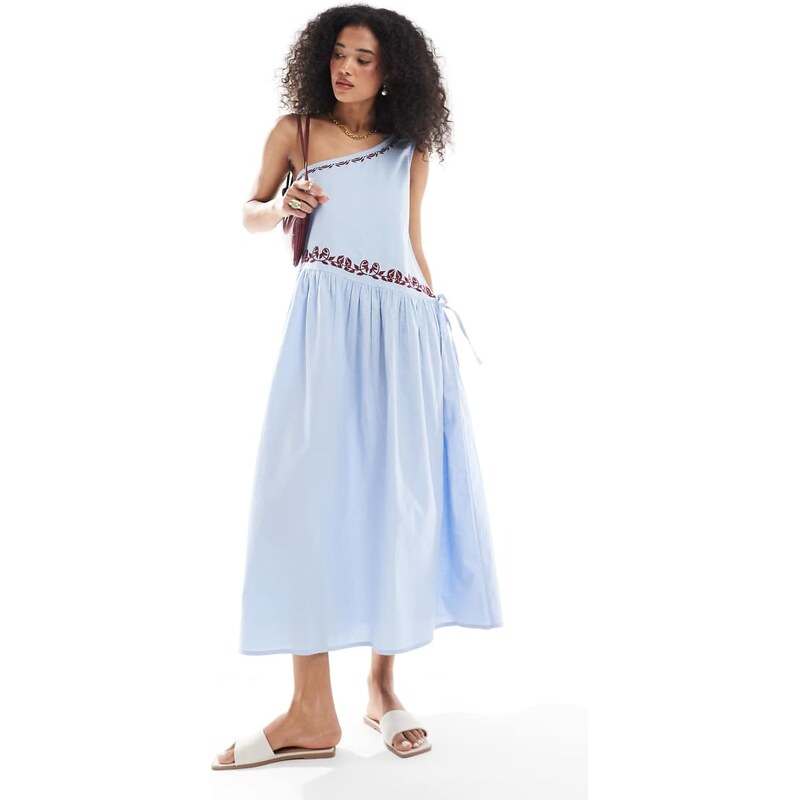 Native Youth embroidered one shoulder linen midaxi dress in sea blue 106605909