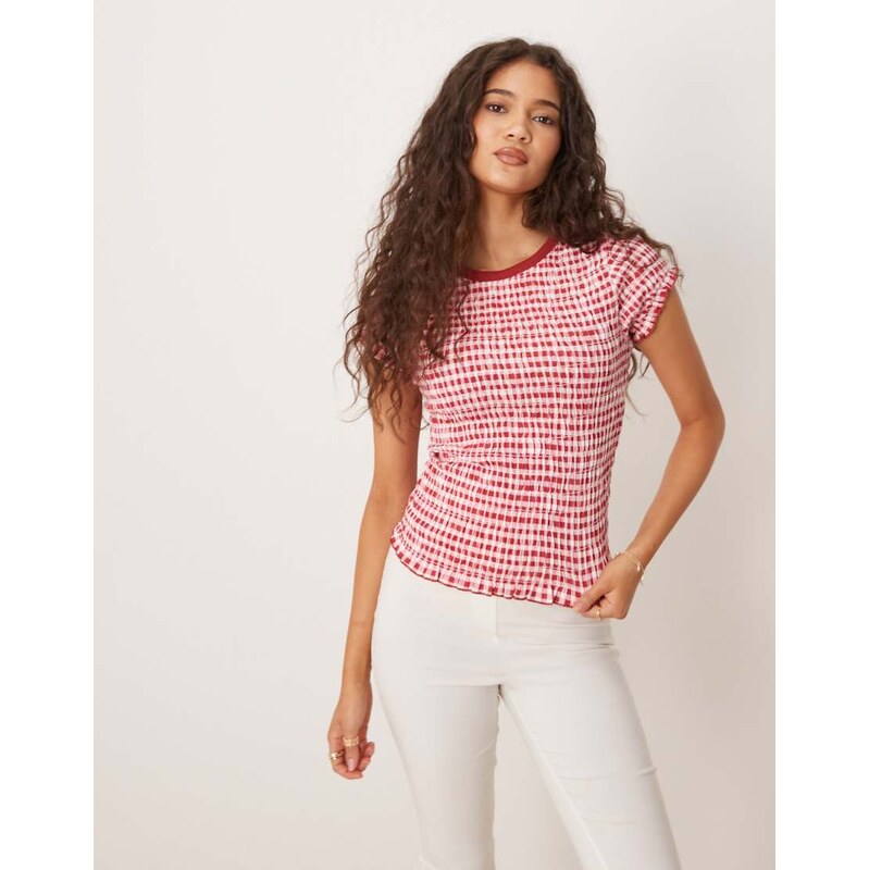 ASOS DESIGN shirred t-shirt in red gingham