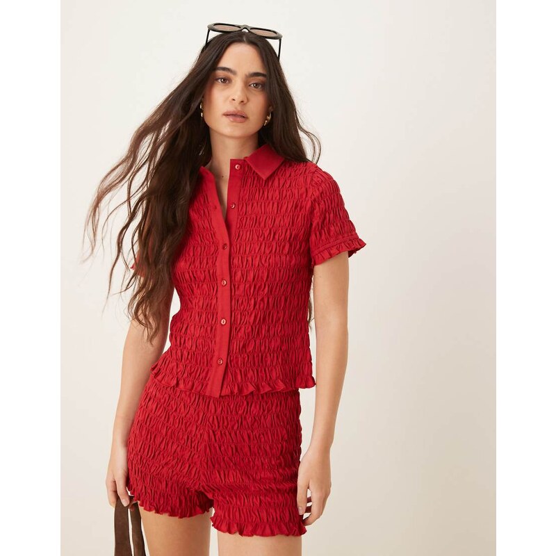 ASOS DESIGN shirred detail micro shirt co-ord in red-Multi