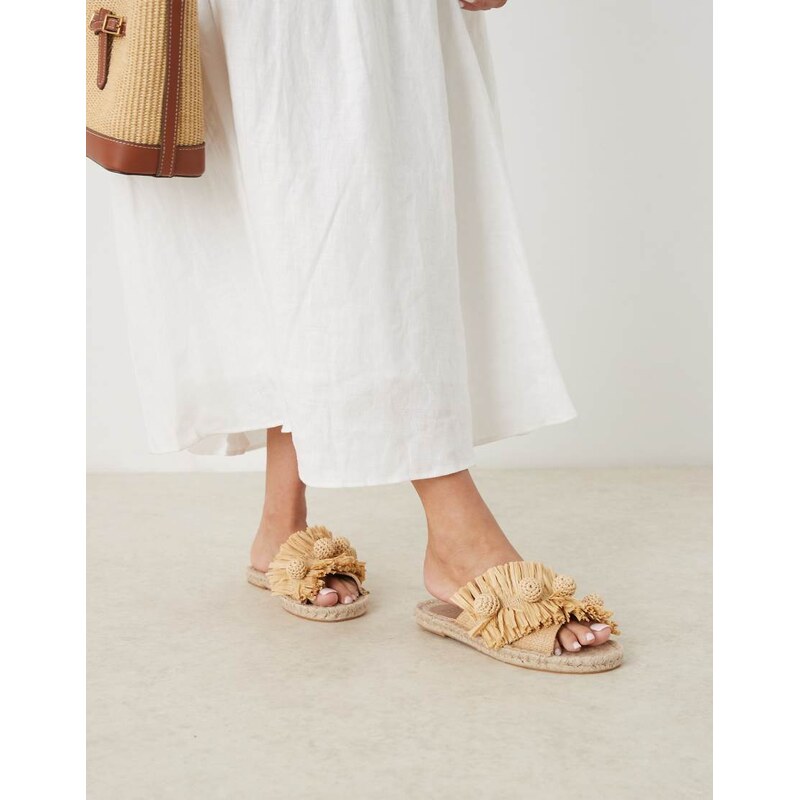 ASOS DESIGN Jovie raffia pom pom espadrille mules in natural-Neutral 106022421