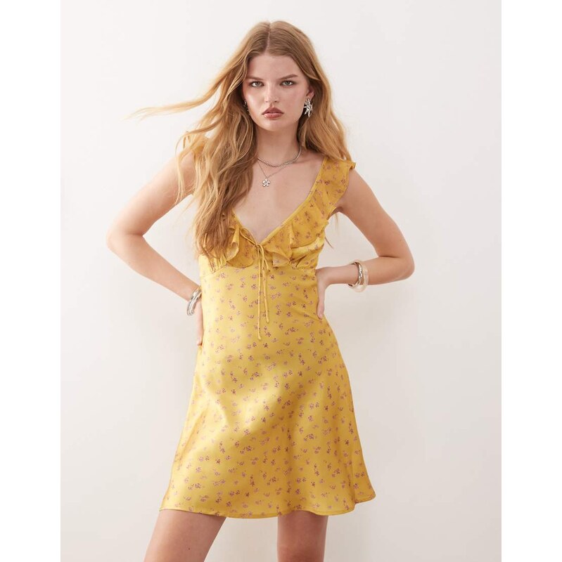 Reclaimed Vintage mini tea dress with flutter sleeves in yellow floral 106008558
