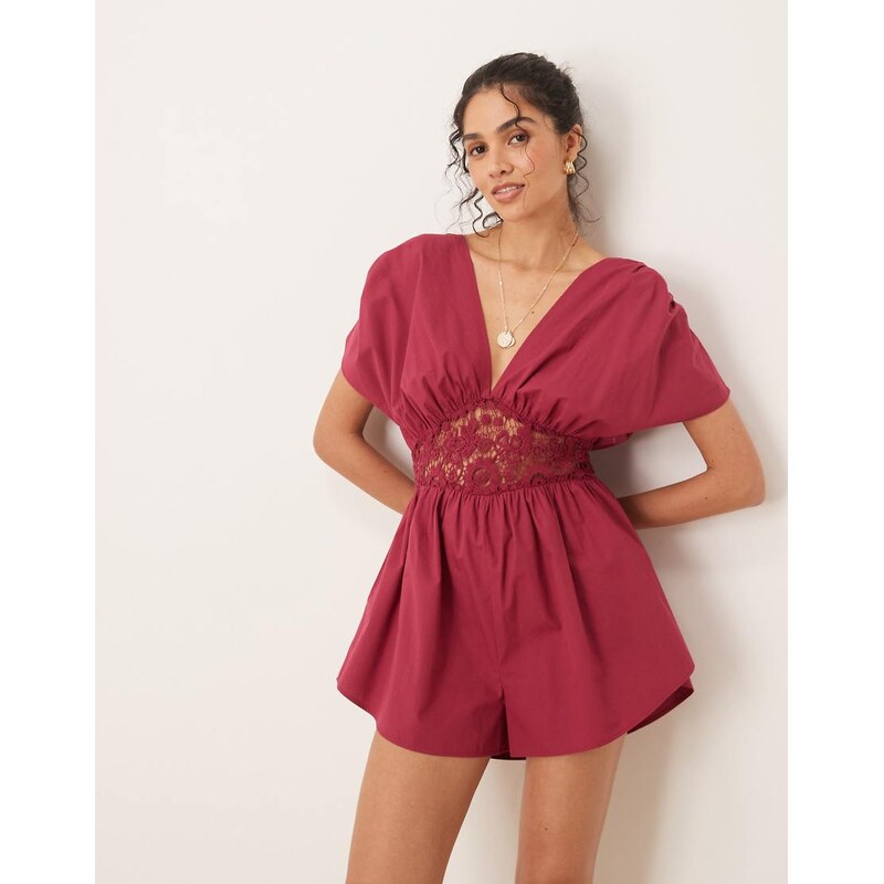 ASOS DESIGN V neck lace waist playsuit in burgundy-Red 106008570