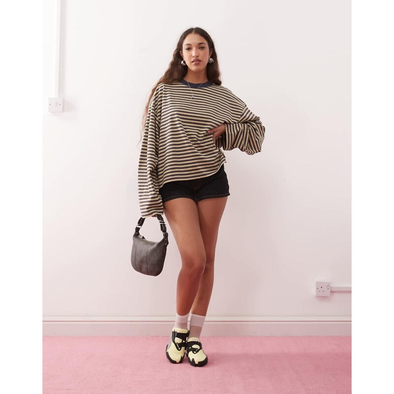 Lioness Bloom cotton blend long sleeve crew neck boxy t-shirt in beige 106008655