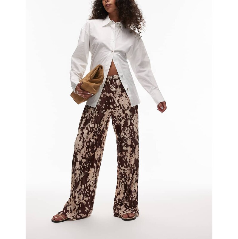 Topshop abstract animal print plisse trousers in brown 106008700