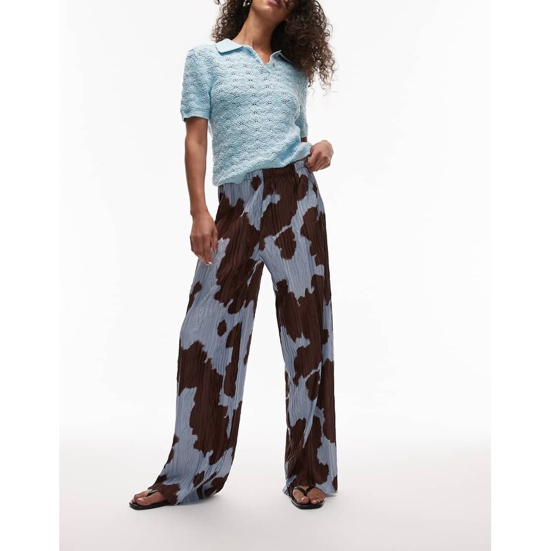 Topshop cow print plisse trousers in blue-Green