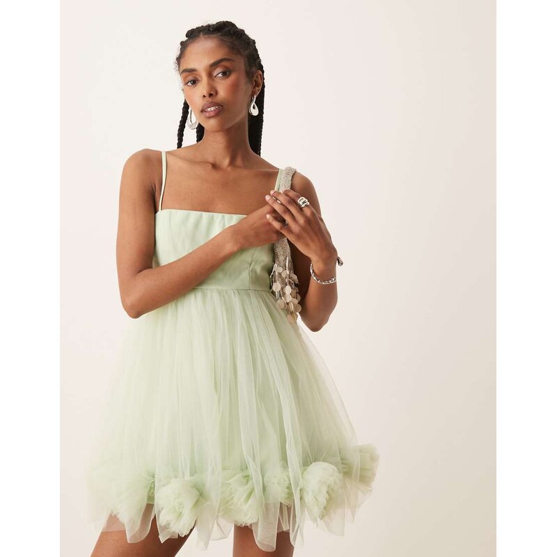 Lace & Beads bubble hem babydoll tulle mini dress in pistachio