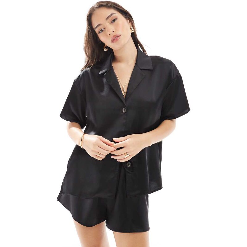 ASOS DESIGN satin shirt co-ord in black