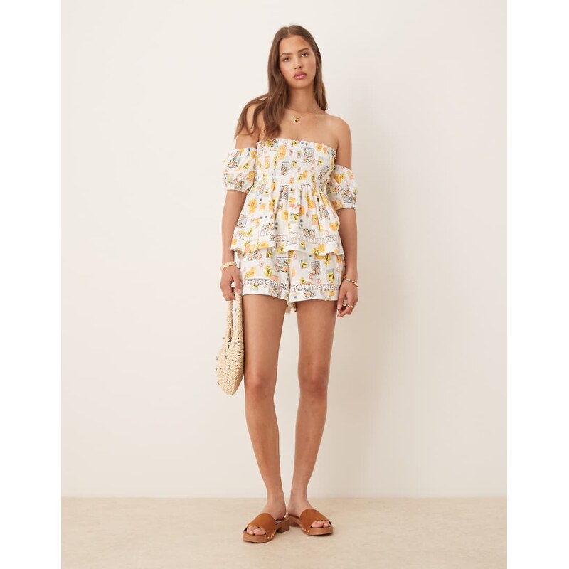 ASOS DESIGN shirred detail bardot top in postcard print-Multi
