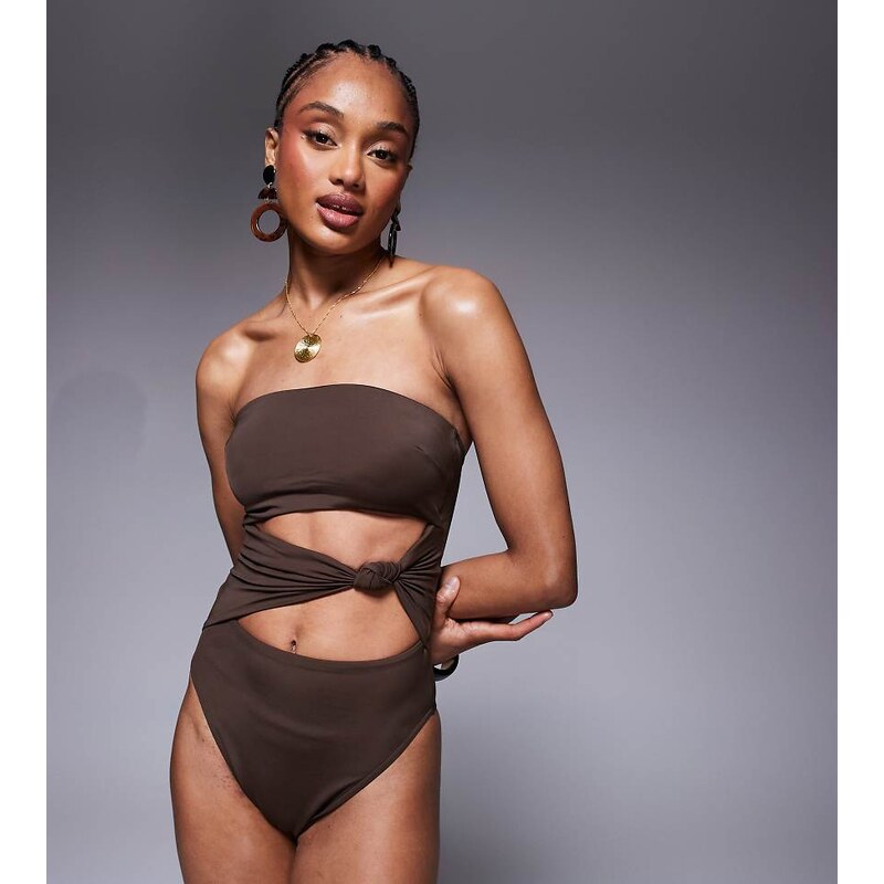 ASOS Tall ASOS DESIGN Tall Nina knot swimsuit in chocolate brown-Multi 106016592