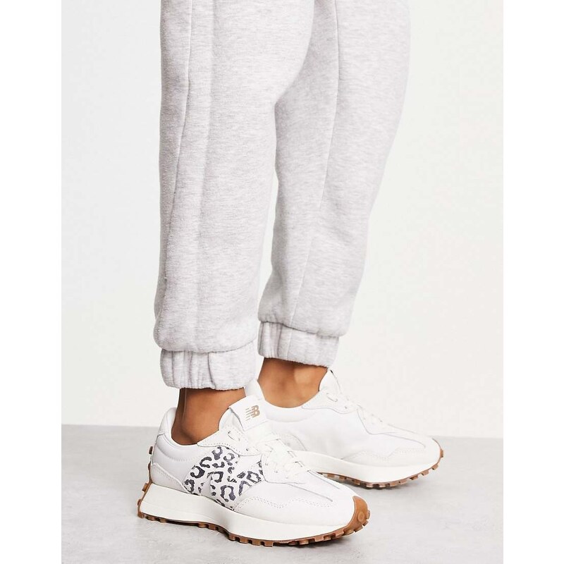 New Balance 327 trainers in off white with leopard print detail