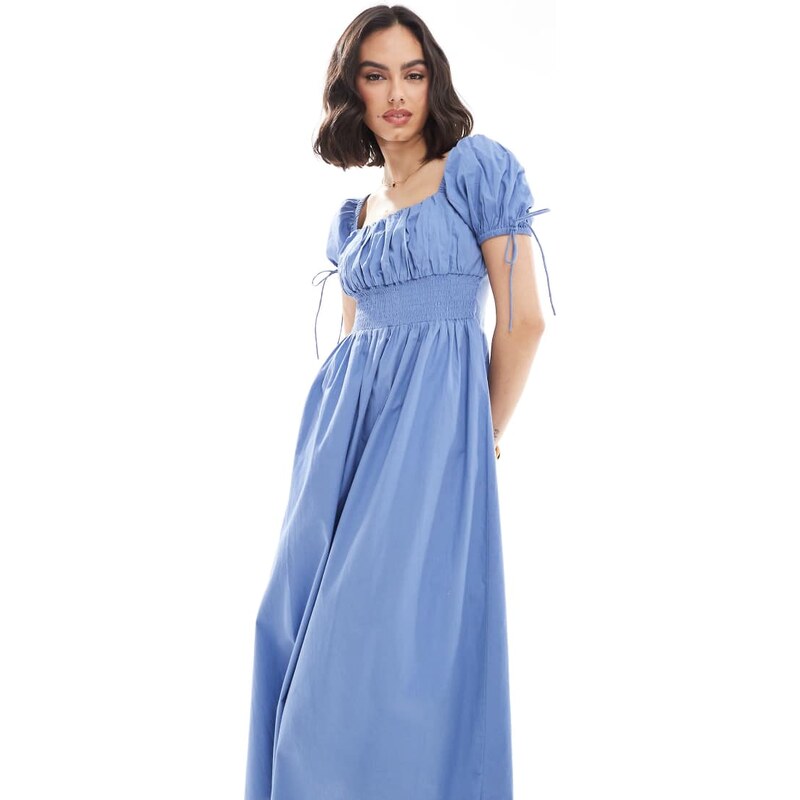Brave Soul milkmaid puff sleeve dress in blue 106195760