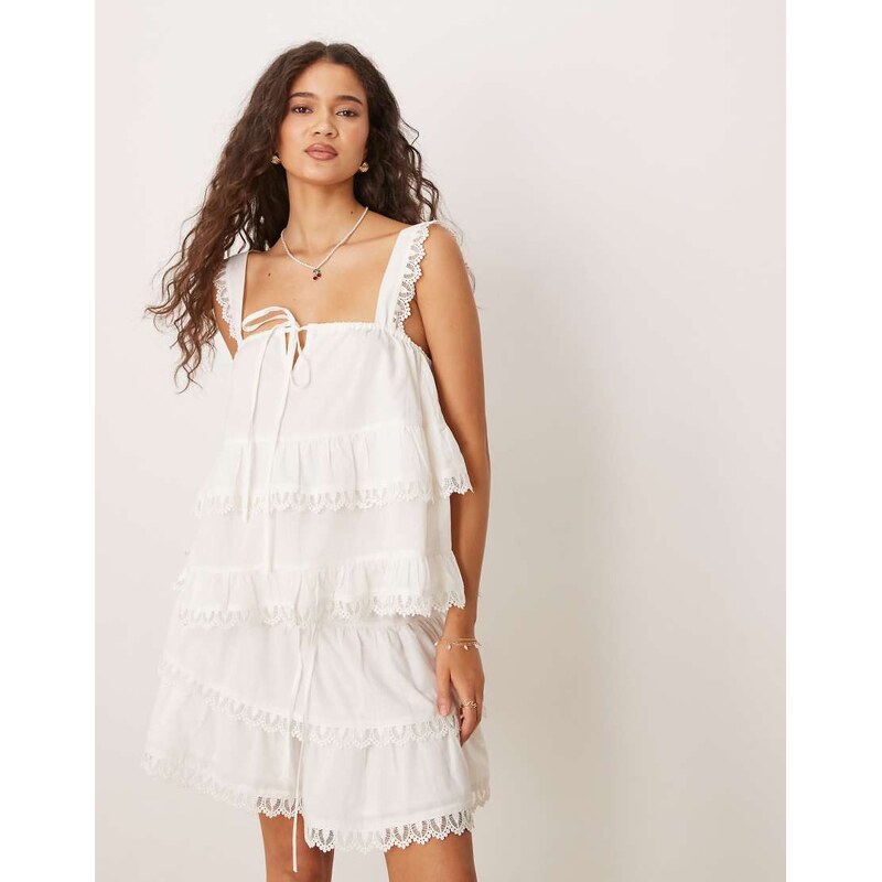 ASOS DESIGN tiered cami top with lace trim in white