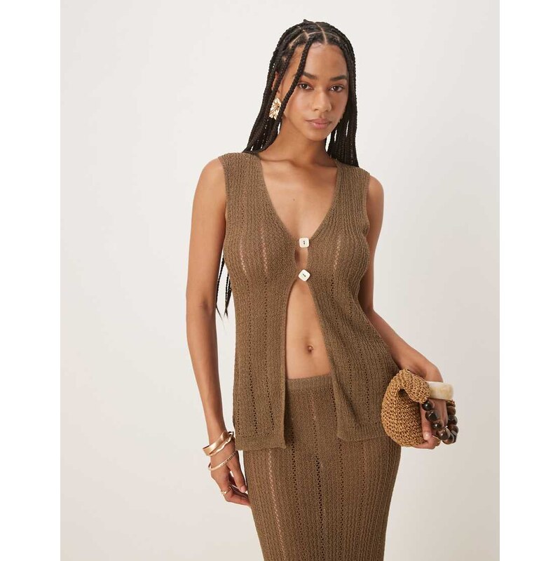Six Stories crochet button vest top co-ord in mocha-Brown 106016710