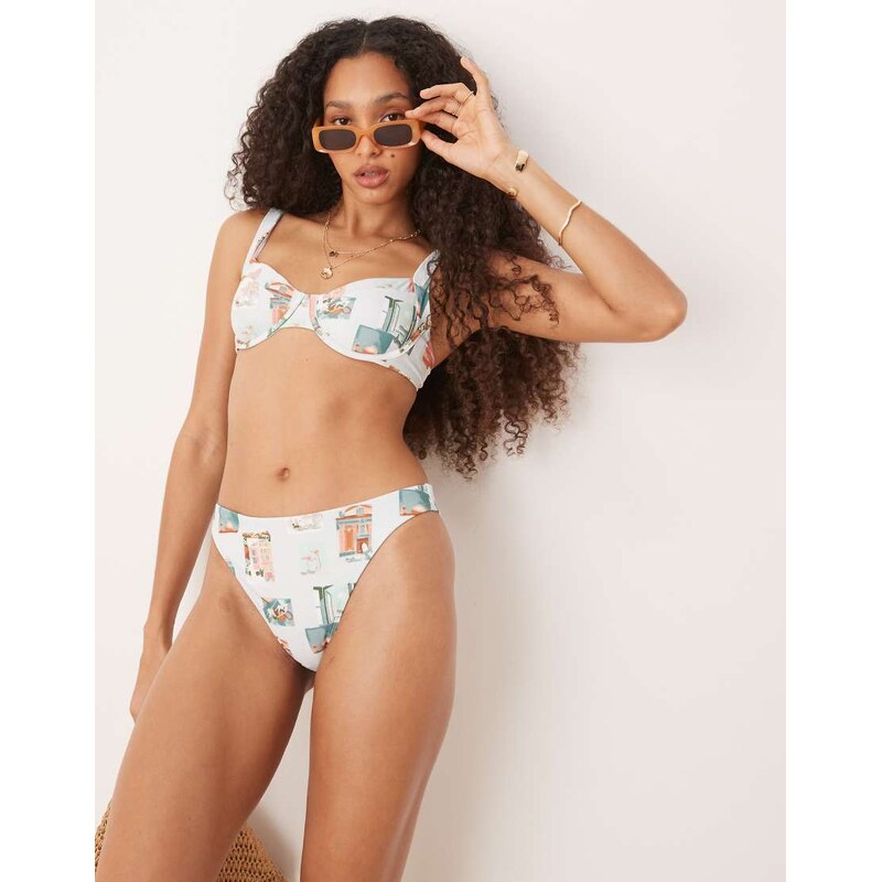 Abercrombie & Fitch mid rise bikini bottom co-ord in postcard print 106016529
