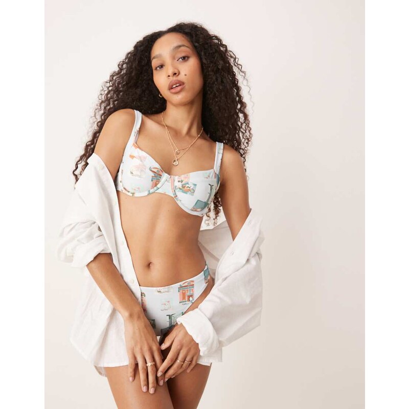 Abercrombie & Fitch wide strap bikini top co-ord in postcard print 106016530