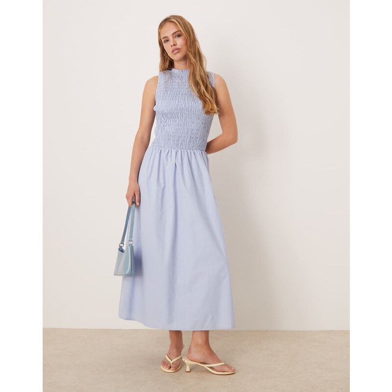 Kiss The Sky shirred drop waist midi dress in sky blue