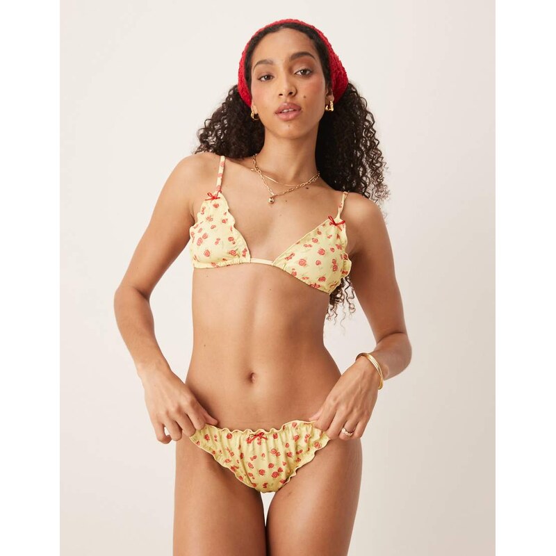 ASOS DESIGN Cherry Rose scrunch cheeky bikini bottom in butter