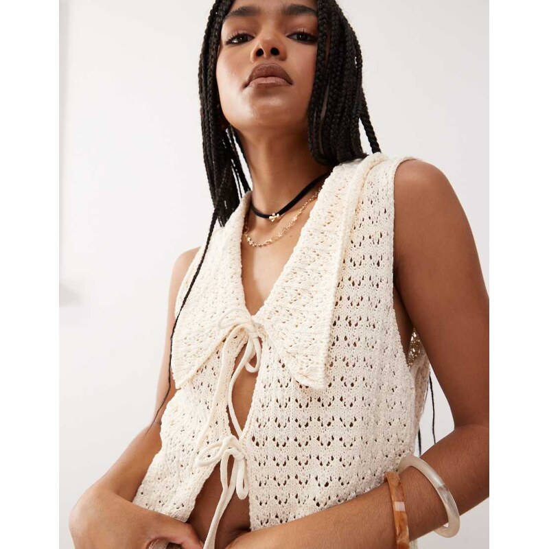 Reclaimed Vintage festival crochet tie front tank with collar in cream 107501836