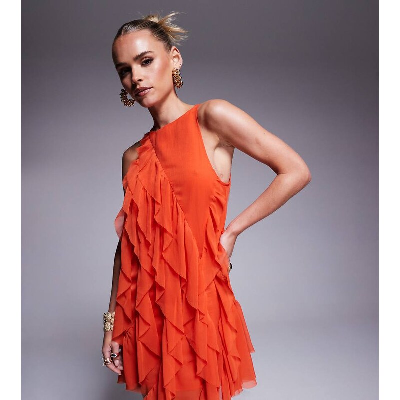 ASOS Petite ASOS DESIGN Petite asymmetric racer neckline ruffle mini 107288906