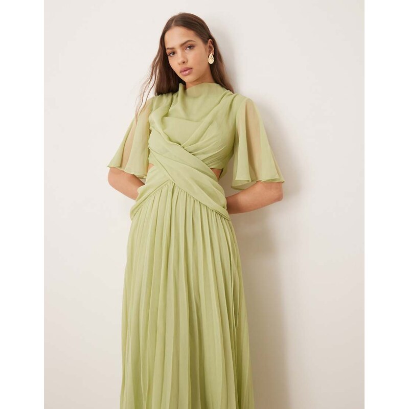 ASOS DESIGN cowl wrap front pleated midi dress with cut out in