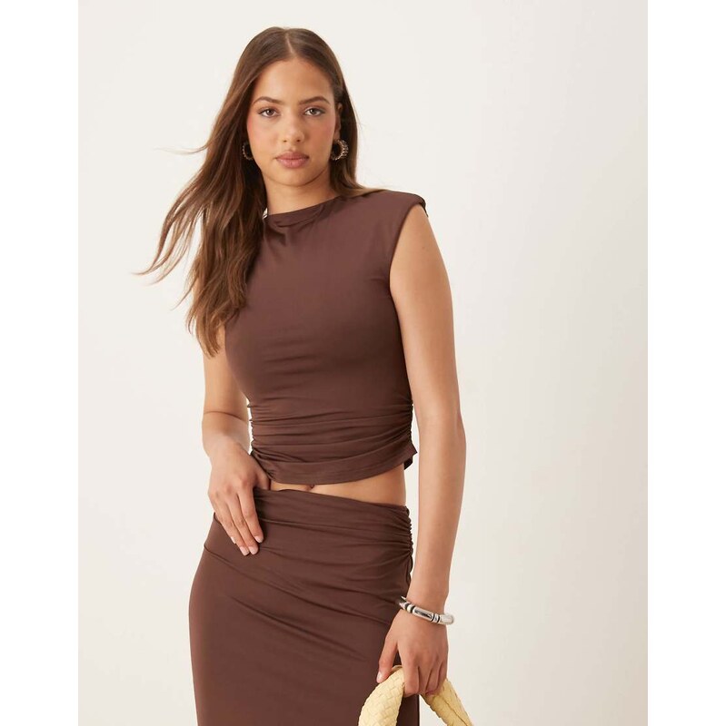 SNDYS cap sleeve ruched side sleeveless top co-ord in chocolate-Brown 106022426