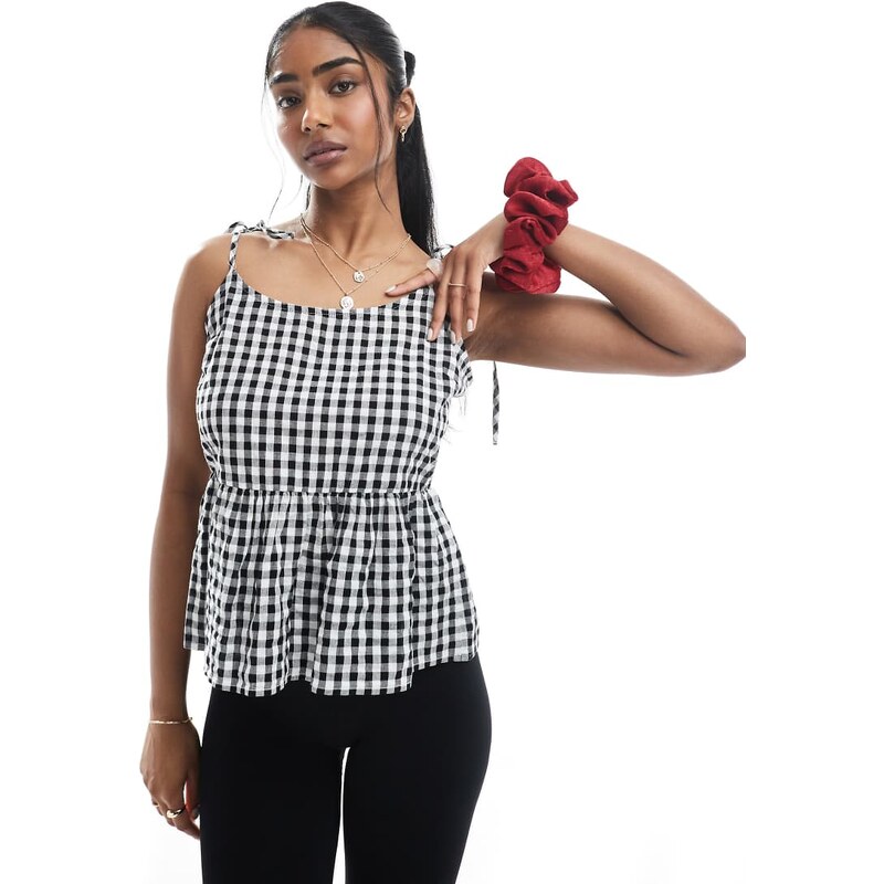 Pieces tie strap detail cami top in black gingham print 106022460