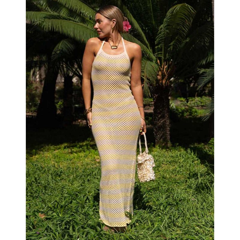 Daisy Street x Molly Mcfarlane halterneck crochet maxi dress in yellow 106022476