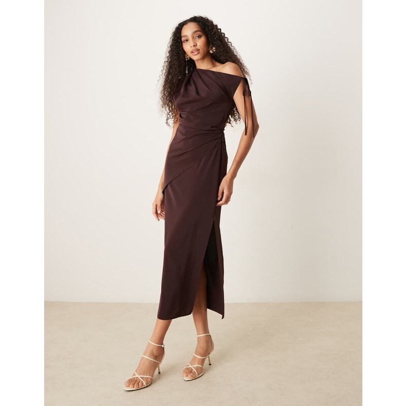 ASOS DESIGN fallen shoulder tie detail slinky midi dress in