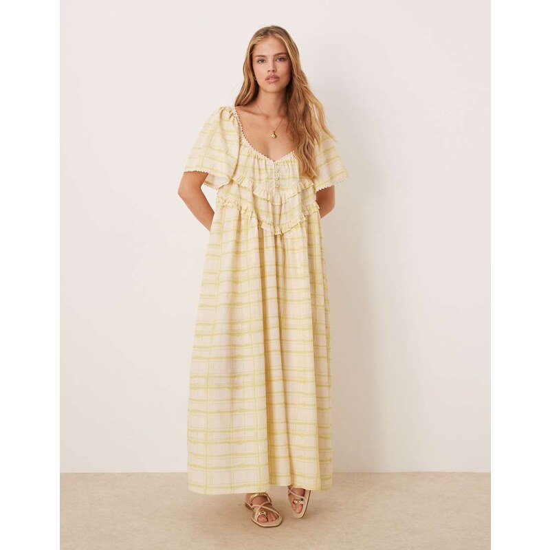 VRG GRL la prairie check print midi smock dress in butter yellow 106022503