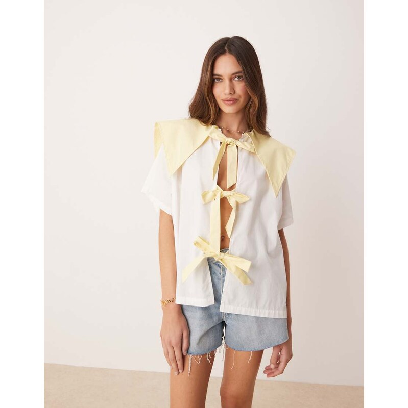 VRG GRL romy tie-detail smock blouse in white and lemon 106022505