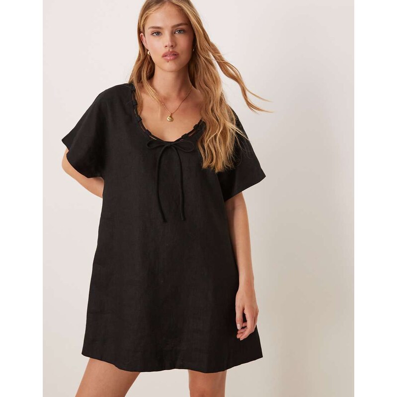 VRG GRL nellie linen mini smock dress in black 106022511