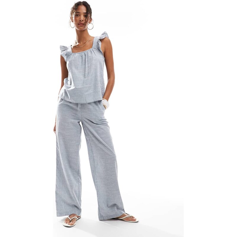 Pieces mix and match tie waist cotton wide leg trouser in blue