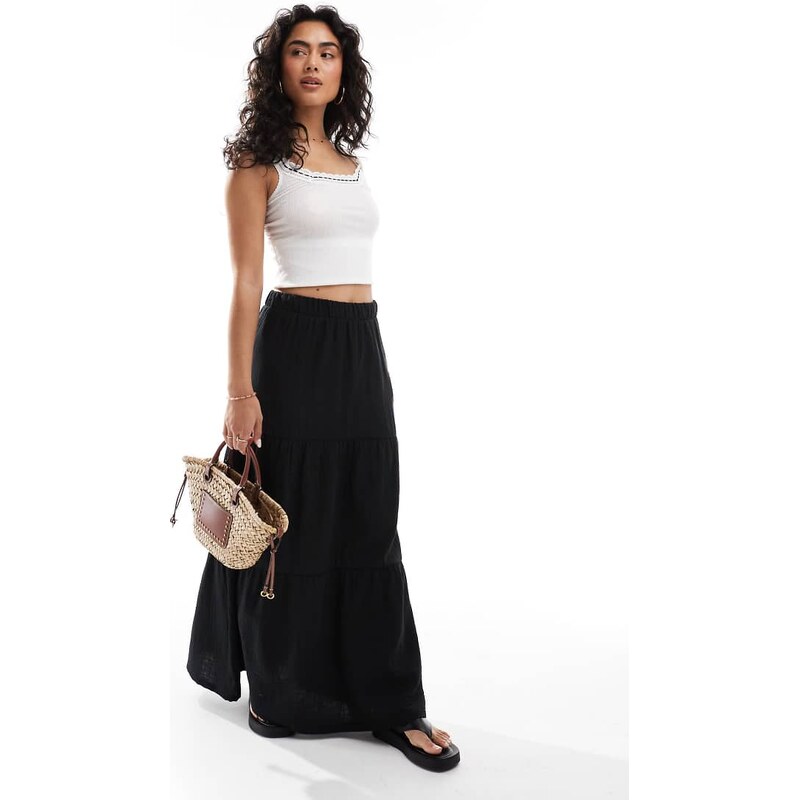 Pieces tiered boho midi skirt in black 110761662