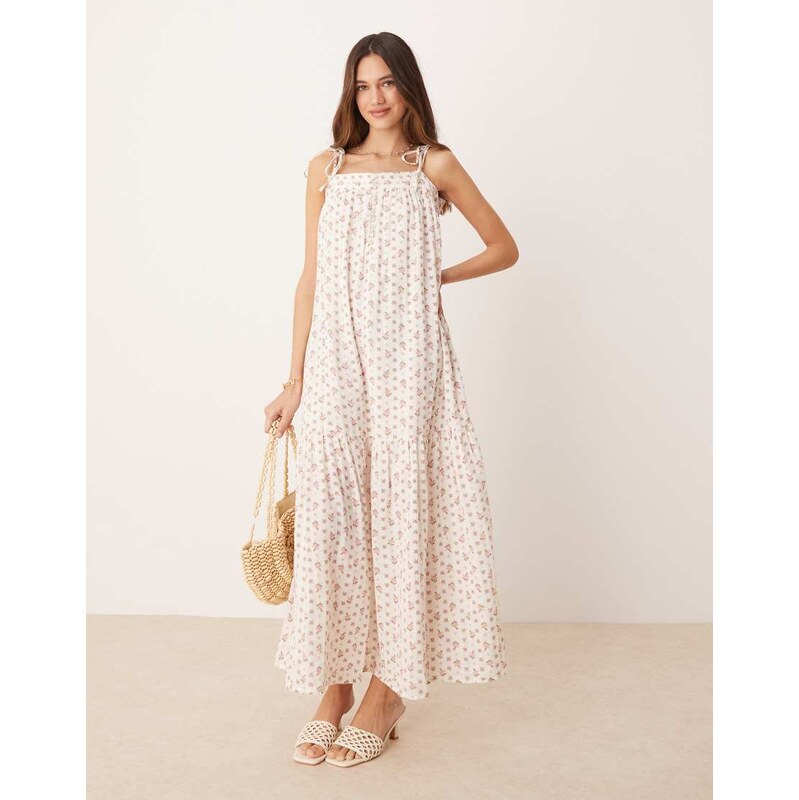 YAS tie shoulder boho smock maxi dress in ditsy pink floral print 106618541