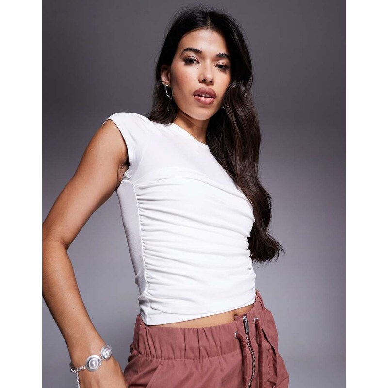 ASOS DESIGN drape gathered detail short sleeve top in ivory-White 106023246