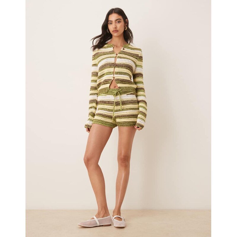 ASOS DESIGN knitted multi twist crochet striped short co-ord in yellow 106023248