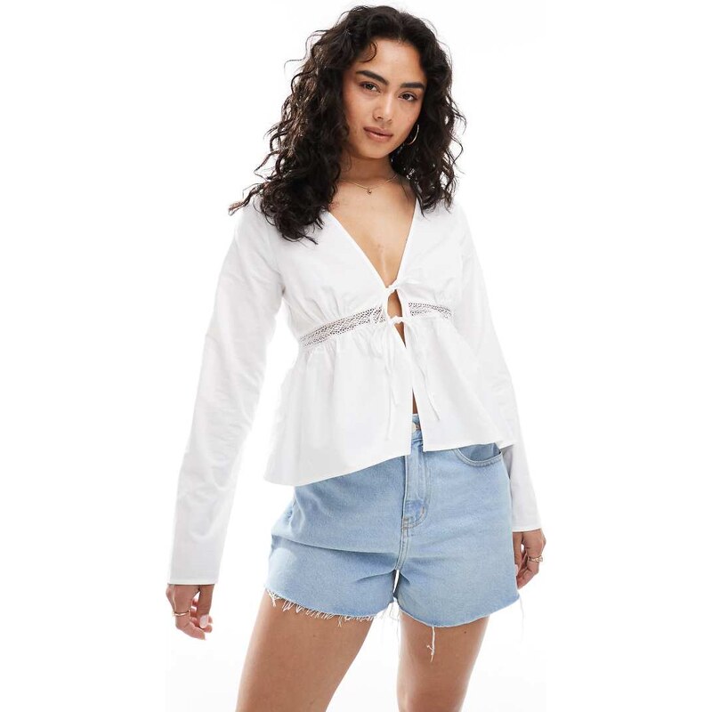 Miss Selfridge tie front crinkle top in white 106023251