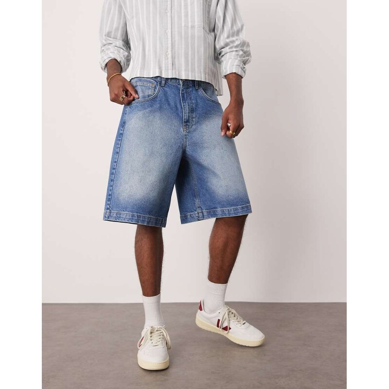 ASOS DESIGN long length denim fatigue jorts in mid wash blue