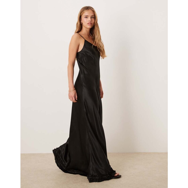 VRG GRL alber satin ruffle hem maxi dress in black 106022501