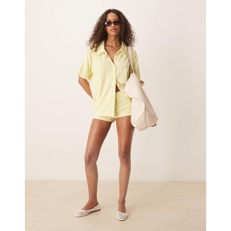 ASOS DESIGN oversized towelling shirt co-ord in lemon-Yellow