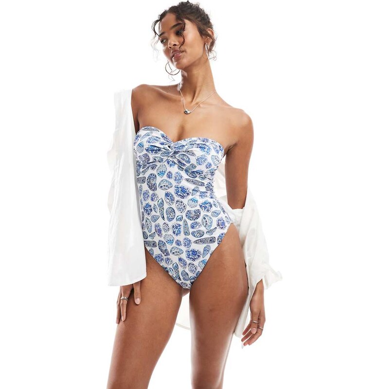 ASOS DESIGN Shelly bandeau swimsuit in shell print-Blue 115511459