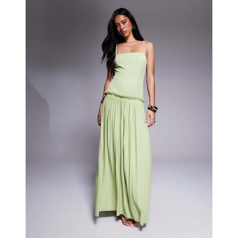 ASOS DESIGN square neck pleated maxi dress with dropped waist in pistachio-Red