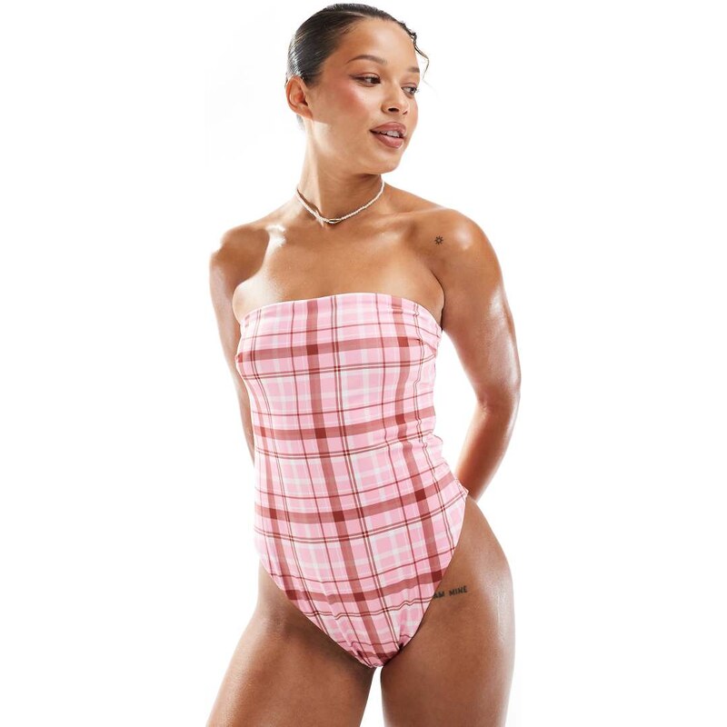 ASOS DESIGN bandeau reversible swimsuit in pink and brown check-Multi 106023180