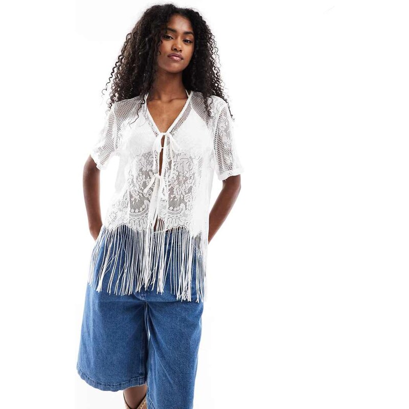 Pieces tie front western cardigan with fringe hem in cream-White 106023209