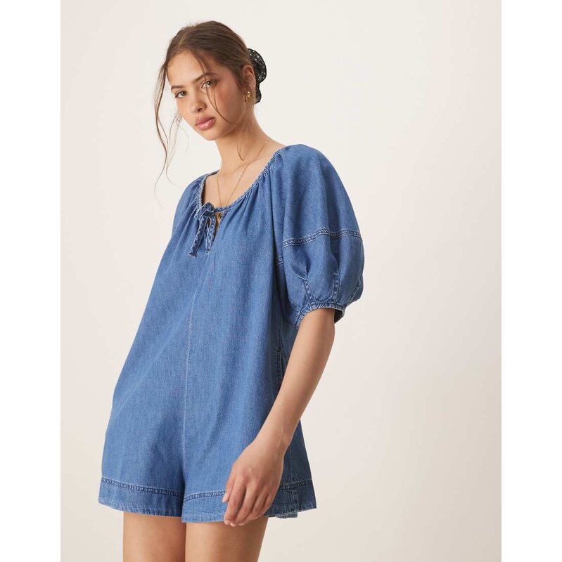 ASOS DESIGN soft denim playsuit with balloon sleeves in midwash blue 114320760