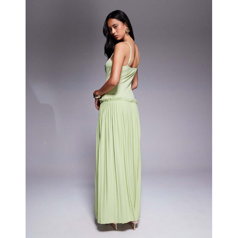 ASOS DESIGN square neck pleated maxi dress with dropped waist in pistachio-Red