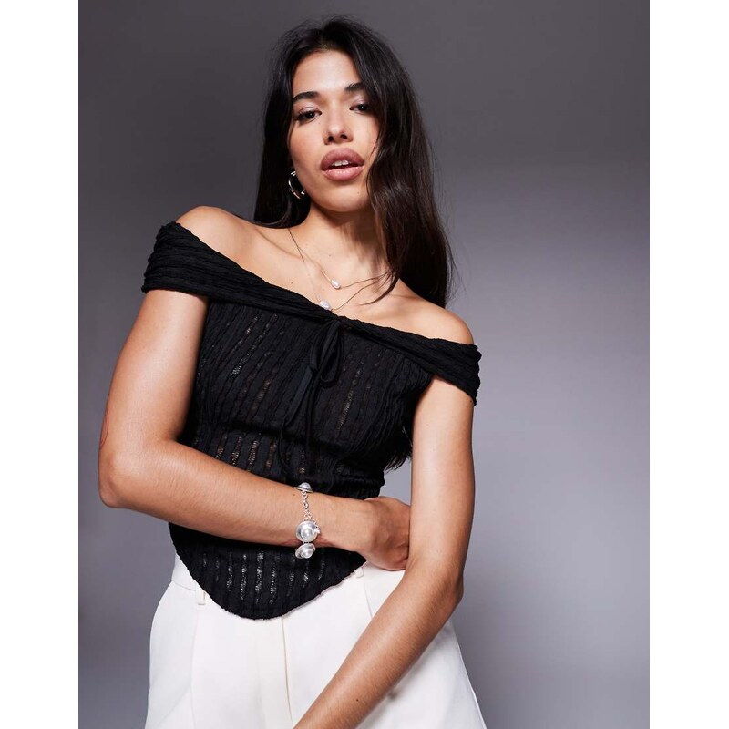 ASOS DESIGN texture off the shoulder short sleeve top with tie detail in black